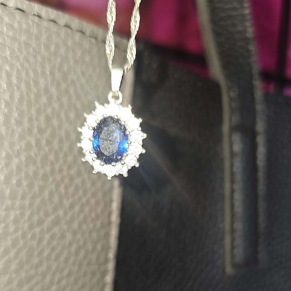 Elegant Silver and Blue Pendant Necklace 20" Chain CZ